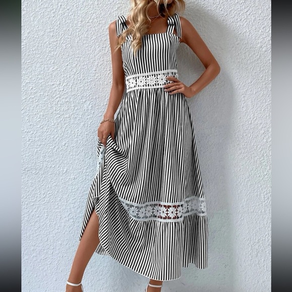 Boho Stripes Floral Lace Strap Tie Shoulder Cami Maxi Dress - Picture 5 of 12